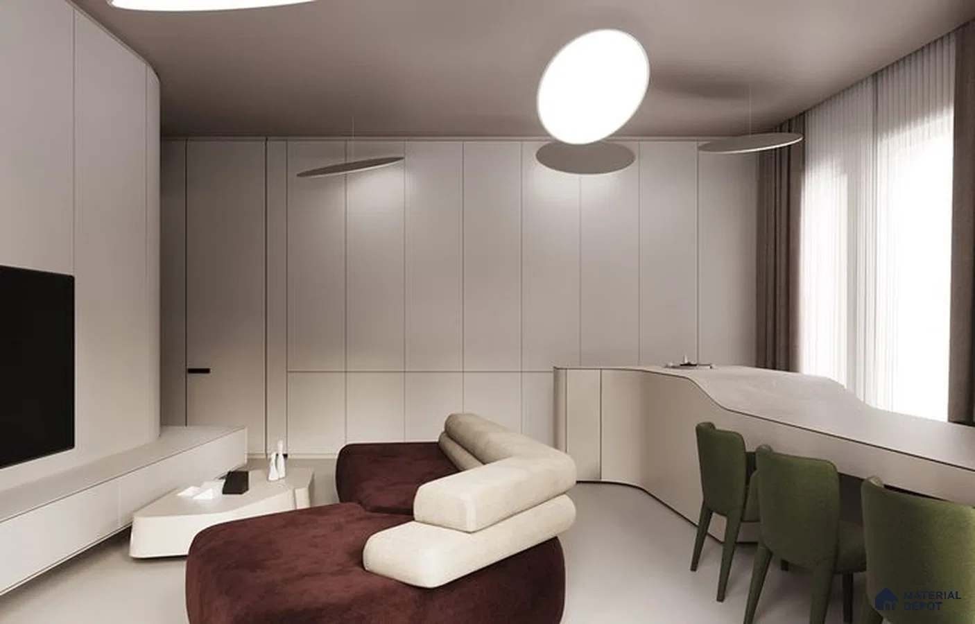 A kitchen with marble counter tops and stainless steel appliances on the wall, along with hanging lights hanging from the ceiling over the ceiling in front of a white counter top of a wooden floor next to a white